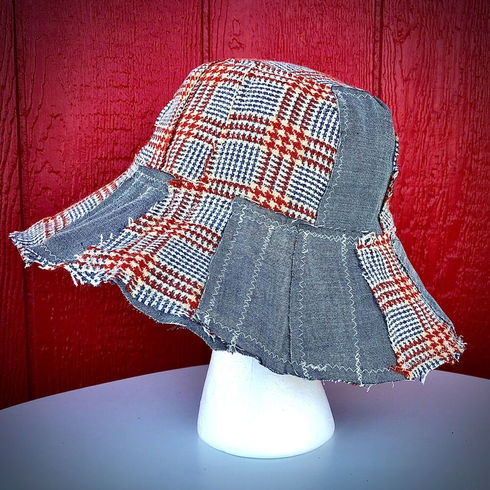 Vintage Houndstooth Fabric Patchwork Floppy Hat Upcycled Wearable Art - One Size
